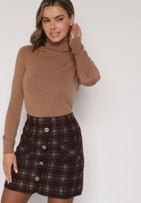 Born2be - Brązowa Spódnica z Wiskozą Zdobiona Guzikami i Metaliczną Nicią Sewsela. Okazja: na co dzień. Kolor: brązowy. Materiał: wiskoza. Wzór: aplikacja. Styl: klasyczny, casual, elegancki #4