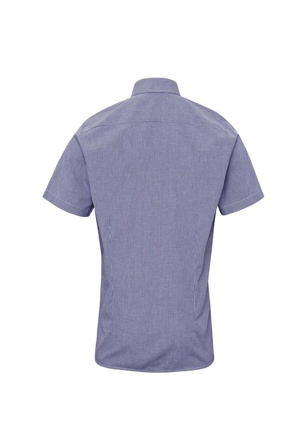 PREMIER - Męska Bawełniana Koszula Z Krótkim Rękawem W Kratkę Micro Gingham. Kolor: biały, wielokolorowy, niebieski. Materiał: bawełna. Długość rękawa: krótki rękaw. Długość: krótkie. Wzór: kratka