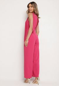 Born2be - Fuksjowy Kombinezon Bez Rękawów z Ozdobnym Wiązaniem i Szerokimi Nogawkami Silarine. Okazja: na co dzień. Kolor: różowy. Materiał: jeans. Długość rękawa: bez rękawów. Styl: klasyczny, casual, elegancki, sportowy #2