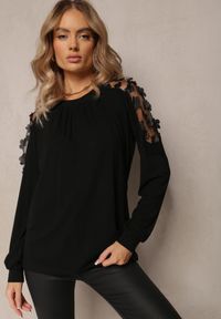 Renee - Czarna Bluzka Wiskozowa z Długim Rękawem z Siateczką i Kwiatami Kavinsse. Kolor: czarny. Materiał: wiskoza. Długość rękawa: długi rękaw. Długość: długie. Wzór: kwiaty #4