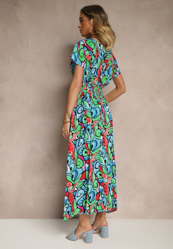 Renee - Niebieska Sukienka z Bawełny w Abstrakcyjny Wzór Emisienna. Okazja: na imprezę. Kolor: niebieski. Materiał: bawełna. Sezon: lato. Styl: elegancki