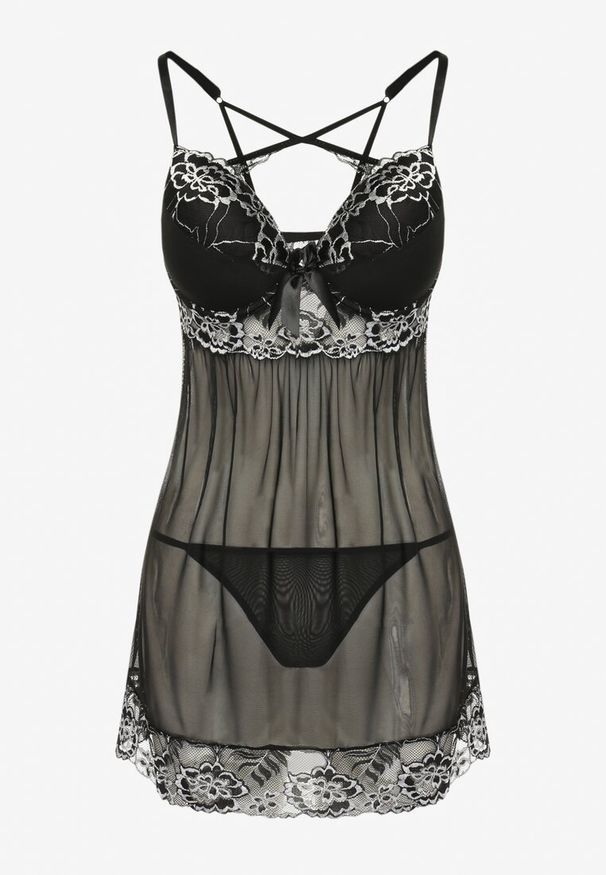 Renee - Czarna Koszula Nocna z Ozdobną Koronką i Stringami Ruscus. Kolor: czarny. Materiał: koronka. Wzór: koronka