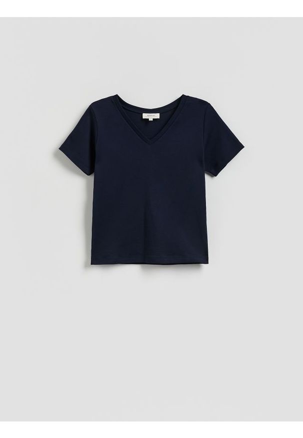 Reserved - Gładki t-shirt - granatowy. Kolor: niebieski. Materiał: dzianina, bawełna. Wzór: gładki