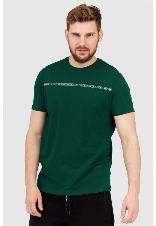 Armani Exchange - ARMANI EXCHANGE Zielony t-shirt męski z paskiem z logo, Rozmiar S. Kolor: zielony. Materiał: prążkowany
