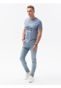 Ombre Clothing - T-shirt męski z nadrukiem S1434 V-20C - niebieski - XXL. Kolor: niebieski. Materiał: bawełna. Wzór: nadruk. Styl: klasyczny