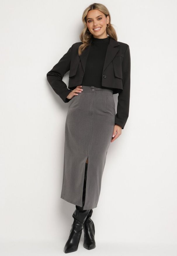 Born2be - Szara Ołówkowa Spódnica z Wiskozą i Wysokim Stanem Ozdobiona Rozcięciem Semariel. Okazja: na spotkanie biznesowe. Stan: podwyższony. Kolor: szary. Materiał: wiskoza. Wzór: aplikacja. Styl: biznesowy, elegancki, wizytowy