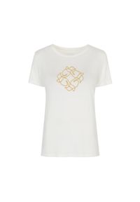 Ochnik - Kremowy T-shirt damski z wilgą. Kolor: biały. Materiał: wiskoza. Wzór: aplikacja