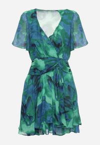 Born2be - Zielono-Niebieska Rozkloszowana Sukienka z Kopertowym Dekoltem i Gumką w Talii Pannestra. Okazja: na co dzień. Typ kołnierza: dekolt kopertowy. Kolor: zielony. Materiał: jeans. Długość rękawa: krótki rękaw. Typ sukienki: kopertowe. Styl: wizytowy, casual, elegancki #6