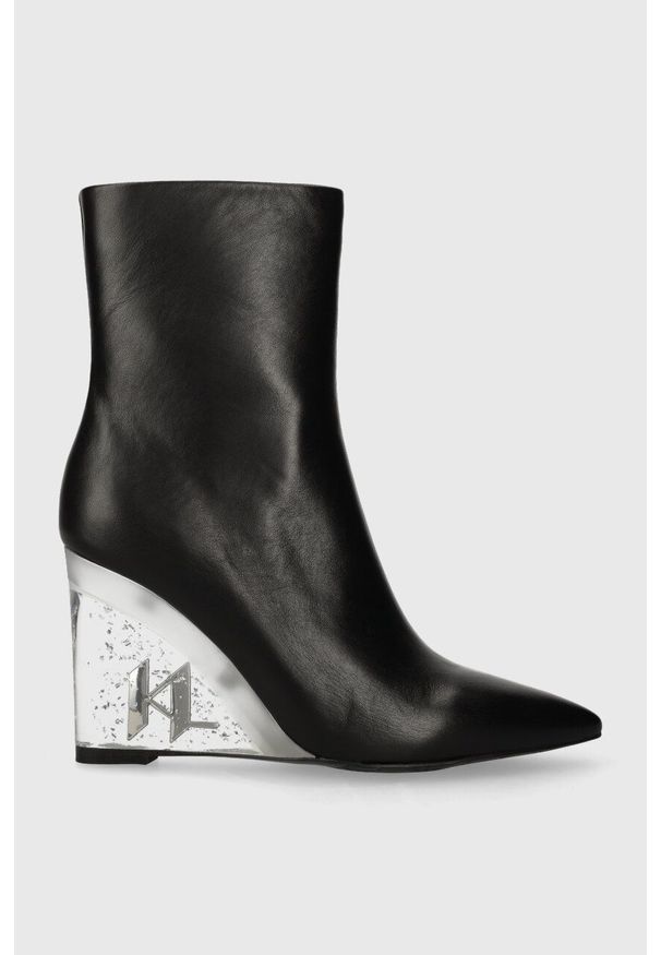 Karl Lagerfeld botki skórzane ICE WEDGE damskie kolor czarny na koturnie KL34650. Kolor: czarny. Materiał: skóra. Obcas: na koturnie