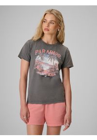 4f - 4F T-shirt regular z nadrukiem damski - szary XS. Okazja: na co dzień. Kolor: szary. Materiał: bawełna, materiał, dzianina. Wzór: nadruk. Styl: casual #1