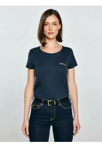 Big-Star - Koszulka damska z brokatowym nadrukiem granatowa Merra 403. Kolor: niebieski. Materiał: dzianina, puch. Długość rękawa: krótki rękaw. Długość: krótkie. Wzór: nadruk. Sezon: zima. Styl: wizytowy, klasyczny #1