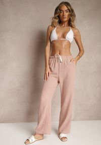 Renee - Różowe Spodnie High Waist z Szeroką Nogawką i Gumką w Pasie Mirarena. Okazja: do pracy, na spotkanie biznesowe, na co dzień. Stan: podwyższony. Kolor: różowy. Styl: casual, elegancki, biznesowy