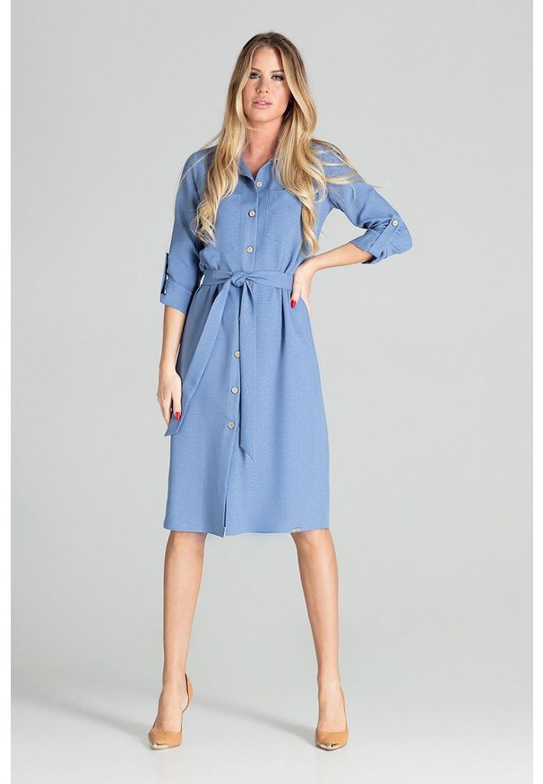 e-margeritka - Sukienka koszulowa na guziki z paskiem niebieska - xl. Kolor: niebieski. Materiał: poliester, materiał. Wzór: aplikacja. Typ sukienki: koszulowe. Styl: elegancki