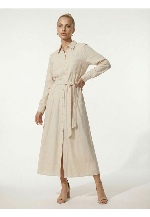 Sinsay - Wiskozowa sukienka koszulowa z domieszką lnu - kremowy. Kolor: kremowy. Materiał: wiskoza, len. Typ sukienki: koszulowe