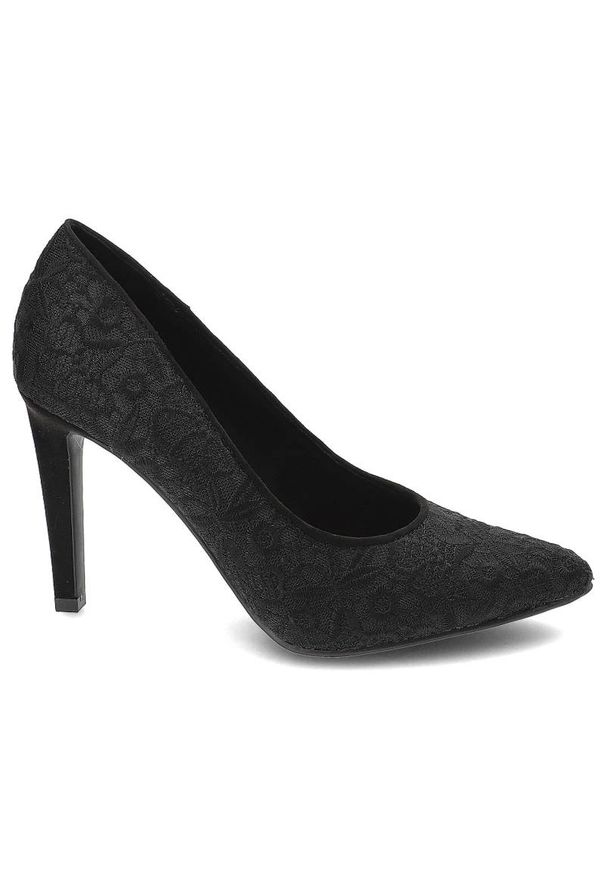 Czarne Czółenka Marco Tozzi Eleganckie Buty Na Obcasie. Zapięcie: bez zapięcia. Kolor: czarny. Szerokość cholewki: normalna. Wzór: koronka. Materiał: skóra ekologiczna, materiał, tiul, koronka. Sezon: lato. Obcas: na obcasie. Styl: elegancki. Wysokość obcasa: średni