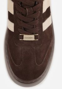 Renee - Ciemnobrązowe Sneakersy na Platformie ze Skóry Naturalnej Ozdobione Paskami Sovimi. Okazja: na co dzień. Zapięcie: pasek. Kolor: brązowy. Materiał: skóra. Wzór: aplikacja. Obcas: na platformie #7