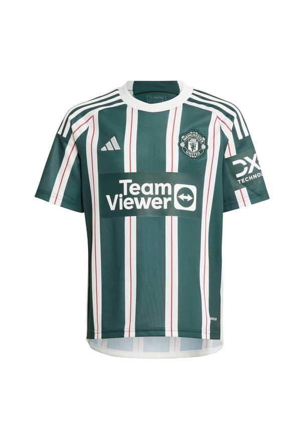 Adidas - Koszulka Manchester United 23/24 Away Kids. Kolor: czerwony, wielokolorowy, zielony, biały. Materiał: materiał