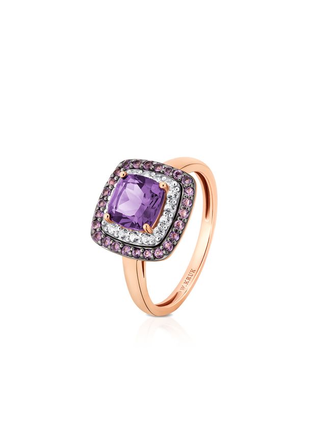 W.KRUK - Pierścionek złoty Szekspirowska. Materiał: złote. Kolor: biały, wielokolorowy, złoty. Wzór: kolorowy, aplikacja. Kamień szlachetny: topaz, ametyst