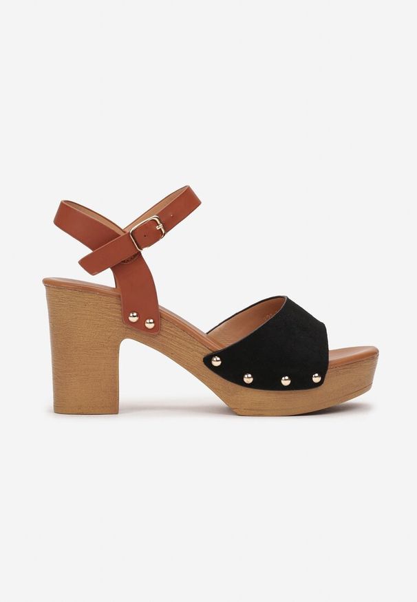 Renee - Czarne Sandały na Słupkowym Obcasie z Szerokim Paskiem i Nitami Avalise. Zapięcie: pasek. Kolor: czarny. Sezon: wiosna, lato. Obcas: na obcasie. Wysokość obcasa: średni