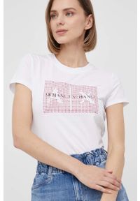 Armani Exchange t-shirt damski kolor biały. Okazja: na co dzień. Kolor: biały. Wzór: aplikacja. Styl: casual