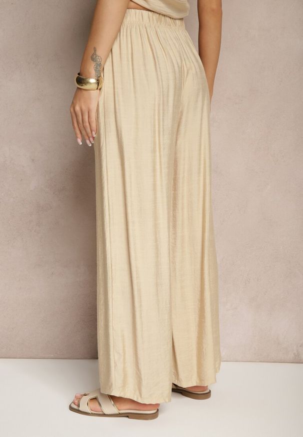 Renee - Beżowe Spodnie Palazzo o Szerokim Kroju High Waist Lislevia. Okazja: na co dzień. Stan: podwyższony. Kolor: beżowy. Styl: elegancki, casual