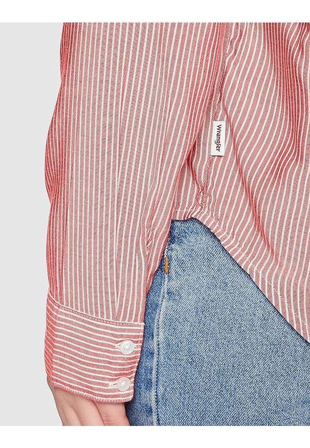 Wrangler - WRANGLER BLOUSE DAMSKA KOSZULA Z DŁUGIM RĘKAWEM PASKI FLAME RED W5Z2TIR06. Długość rękawa: długi rękaw. Długość: długie. Wzór: paski