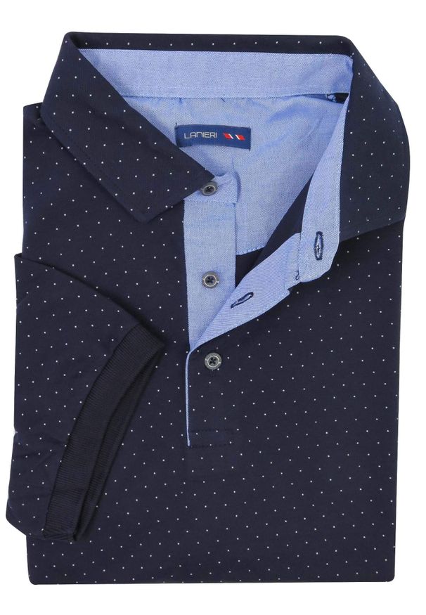 Lanieri Fashion - Granatowa męska koszulka polo w białe kropeczki KP15. Typ kołnierza: polo. Kolor: biały, niebieski, wielokolorowy. Materiał: materiał, bawełna. Długość: krótkie