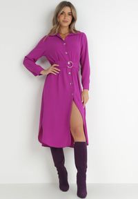 Born2be - Fioletowa Sukienka Koszulowa z Paskiem Alik. Kolor: fioletowy. Materiał: tkanina, materiał. Długość rękawa: długi rękaw. Wzór: jednolity, gładki. Typ sukienki: koszulowe. Długość: midi #1