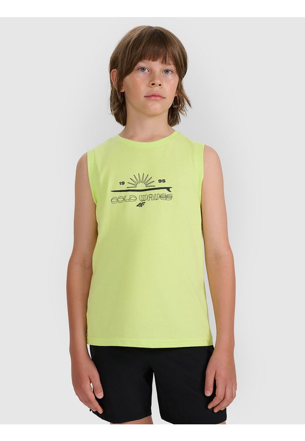 4f - 4F Tank top regular z nadrukiem chłopięcy - zielony 140 (9-10 lat). Kolor: zielony. Materiał: jersey, bawełna, materiał. Długość rękawa: bez rękawów. Wzór: nadruk. Sezon: lato