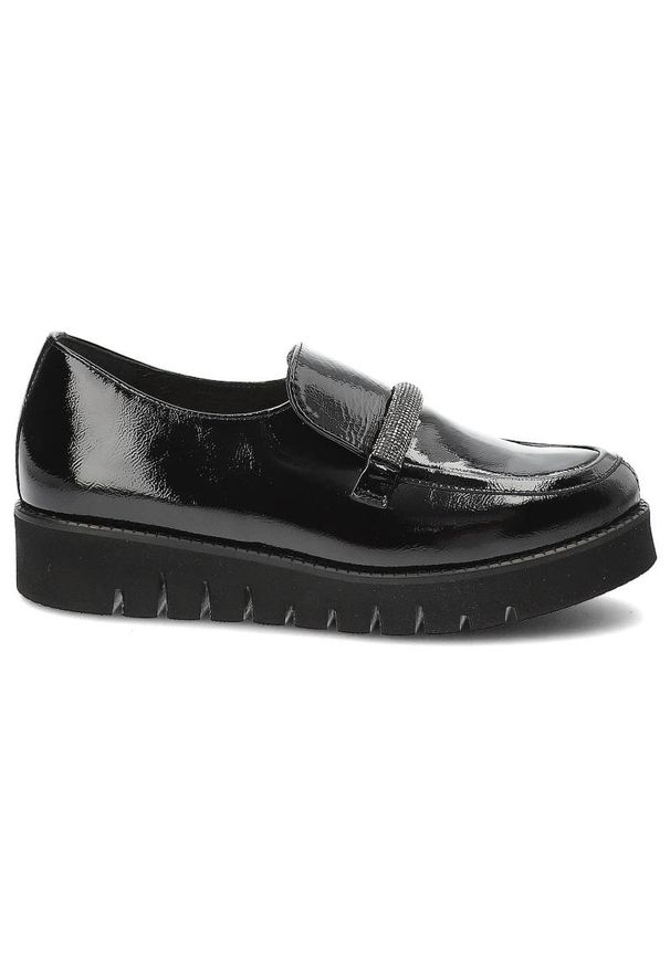 Czarne Półbuty Armodo Eleganckie Buty Damskie. Okazja: na spacer, na spotkanie biznesowe. Zapięcie: pasek. Kolor: czarny. Materiał: lakier, skóra. Wzór: aplikacja. Obcas: na platformie. Styl: elegancki
