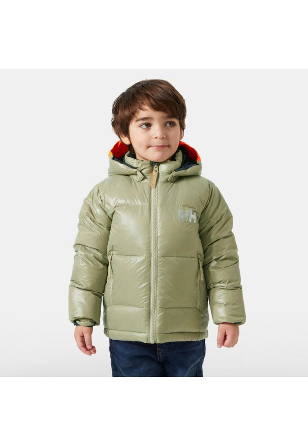 Dziecięca kurtka z kapturem Helly Hansen Isfjord. Typ kołnierza: kaptur. Kolor: zielony. Materiał: puch