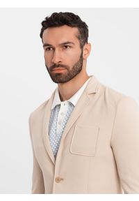Ombre Clothing - Męska marynarka SLIM z dzianiny o subtelnej strukturze – beżowa V5 - Rozmiar: L. Okazja: do pracy. Kolor: beżowy. Materiał: dzianina. Wzór: kolorowy. Styl: klasyczny #11