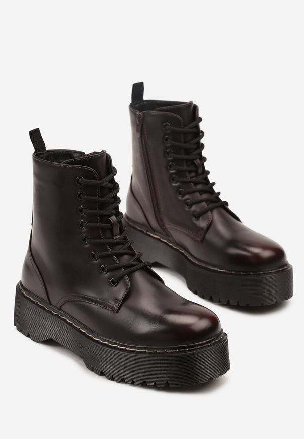 Born2be - Bordowe Botki Workery na Platformie Xulia. Okazja: na co dzień. Zapięcie: sznurówki. Kolor: czerwony. Materiał: jeans, skóra. Obcas: na platformie. Styl: casual, klasyczny, elegancki. Wysokość obcasa: średni