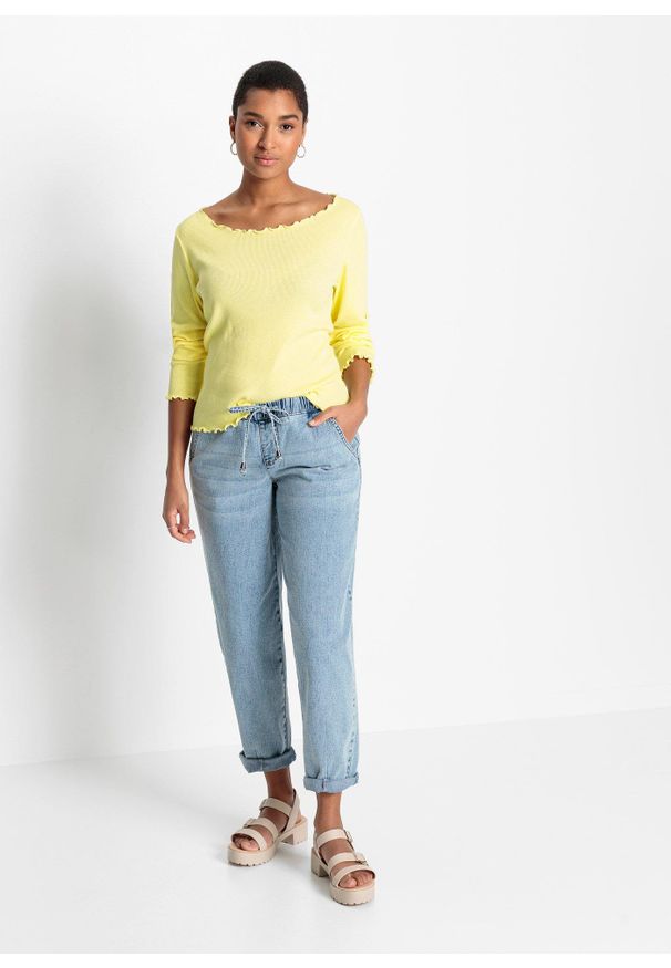 bonprix - Dżinsy barrel, średni stan, z elastyczną gumą w talii. Kolor: niebieski