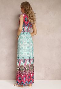 Renee - Miętowo-Fuksjowa Sukienka Maxi w Stylu Boho z Gumką w Pasie Bernette. Kolor: miętowy. Styl: boho. Długość: maxi #4