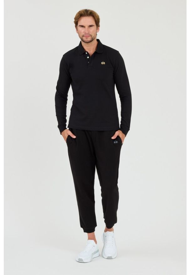 La Martina - LA MARTINA Czarny męski longsleeve polo Piquet Stretch, Rozmiar XL. Typ kołnierza: polo. Kolor: czarny. Długość rękawa: długi rękaw