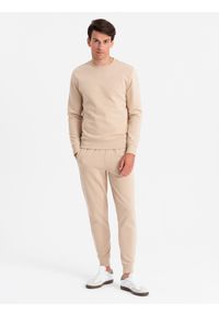 Ombre Clothing - Komplet dresowy męski bawełniany BASIC bluza nierozpinana + joggery – beżowy V6 - Rozmiar: XL. Kolor: beżowy. Materiał: dresówka, bawełna. Wzór: jednolity