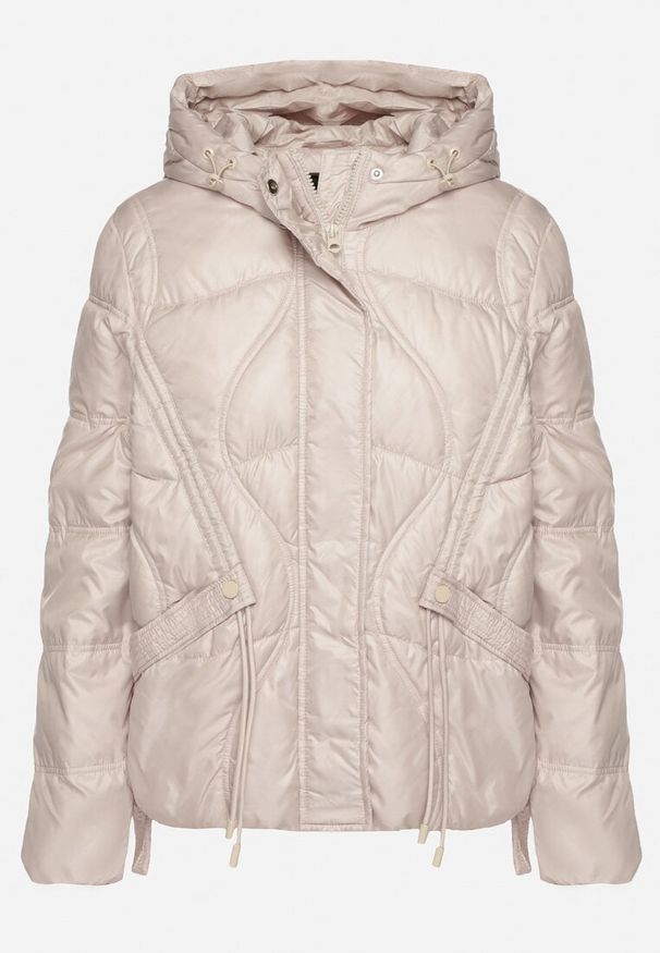 Born2be - Beżowa Kurtka z Kapturem Ozdobiona Przeszyciami i Sznurkami Boledia. Okazja: na co dzień. Typ kołnierza: kaptur. Kolor: beżowy. Materiał: jeans. Wzór: aplikacja. Styl: casual