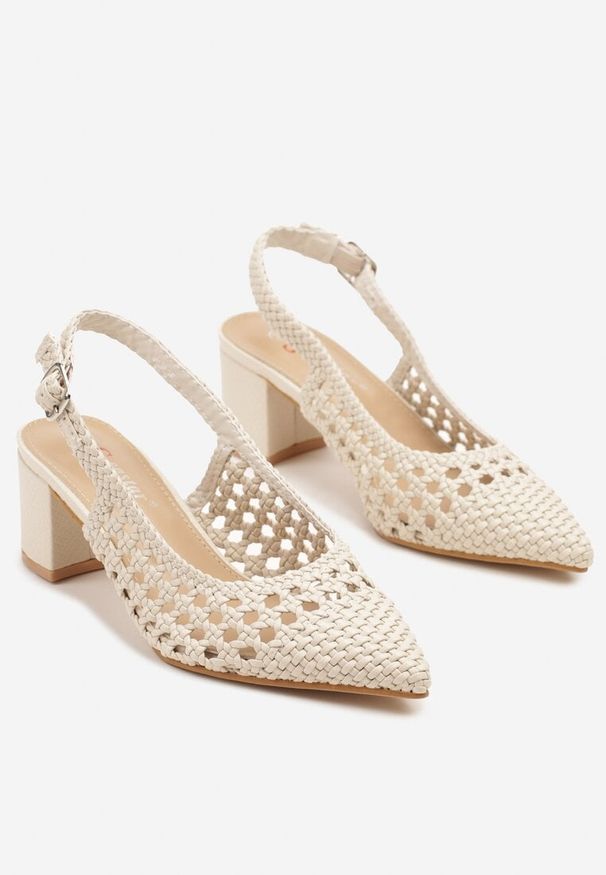 Renee - Beżowe Sandały Slingback na Słupkowym Obcasie z Szydełkowym Zdobieniem Eledira. Zapięcie: pasek. Kolor: beżowy. Materiał: jeans. Wzór: aplikacja. Obcas: na obcasie. Styl: klasyczny, elegancki. Wysokość obcasa: średni