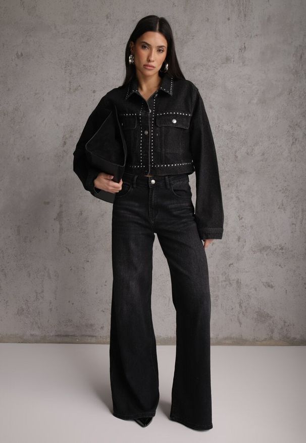 Renee - Czarne Szerokie Jeansy Palazzo z Bawełną High Waist Zinnasira. Okazja: na co dzień, na spacer. Stan: podwyższony. Kolor: czarny. Styl: casual, klasyczny