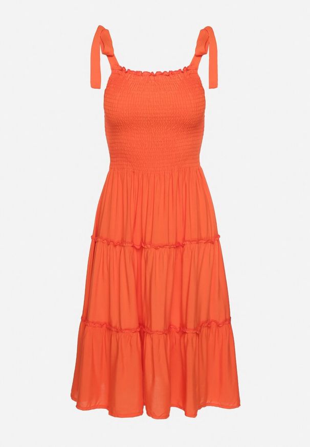 Born2be - Pomarańczowa Rozkloszowana Sukienka z Wiskozą na Wiązanych Ramiączkach Aralisse. Okazja: na co dzień. Typ kołnierza: dekolt kwadratowy. Kolor: pomarańczowy. Materiał: wiskoza. Długość rękawa: na ramiączkach. Typ sukienki: rozkloszowane. Styl: casual, klasyczny