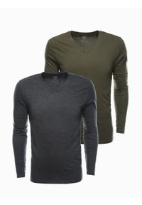 Ombre Clothing - Zestaw longsleeve męski V-NECK - mix 2-pak V9 Z41 - XXL. Okazja: na co dzień. Kolor: szary. Materiał: bawełna, materiał, skóra, tkanina. Długość rękawa: długi rękaw. Długość: długie. Wzór: gładki, jednolity. Styl: wizytowy, klasyczny, casual