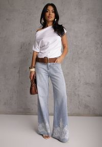 Renee - Biały T-shirt z Bawełny z Dekoltem Łódką i Drapowaniem w Pasie Savalira. Typ kołnierza: dekolt w łódkę. Kolor: biały. Materiał: bawełna. Styl: klasyczny #2