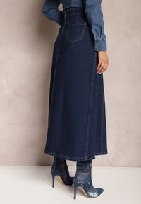 Renee - Granatowa Jeansowa Spódnica Maxi z Regularną Talią i Przeszyciami Bellezza. Kolor: niebieski. Materiał: jeans. Wzór: aplikacja #5