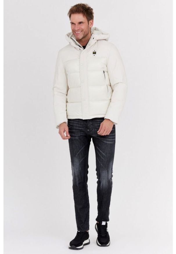 Blauer USA - BLAUER Ecru puchowa kurtka męska z kapturem Eduardo, Rozmiar M. Typ kołnierza: kaptur. Kolor: biały. Materiał: puch