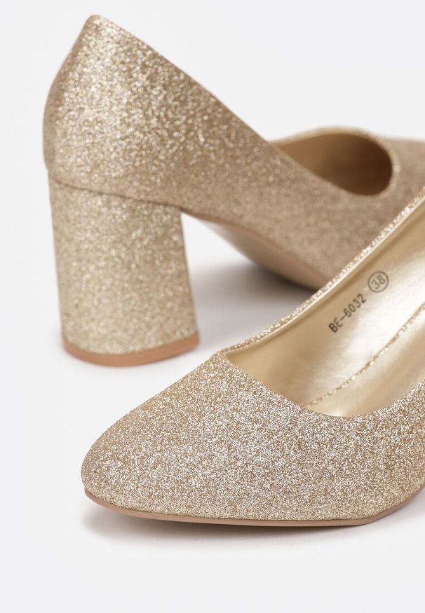 Born2be - Złote Czółenka Brokatowe na Słupku Lehira. Kolor: złoty. Obcas: na słupku. Styl: elegancki
