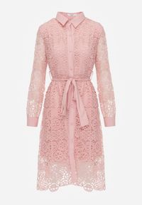 Renee - Różowa Rozkloszowana Midi Sukienka Ozdobiona Koronką z Paskiem w Talii Sailla. Okazja: na uczelnię, do pracy, na spotkanie biznesowe. Kolor: różowy. Materiał: koronka. Wzór: aplikacja, koronka. Sezon: jesień, zima. Typ sukienki: rozkloszowane. Styl: biznesowy. Długość: midi #6