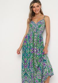 Born2be - Zielono-Granatowa Wiskozowa Sukienka w Stylu Boho na Regulowanych Ramiączkach z Dekoltem w Serek Xalflea. Typ kołnierza: dekolt w serek. Kolor: zielony. Materiał: wiskoza. Długość rękawa: na ramiączkach. Sezon: lato. Styl: boho #7