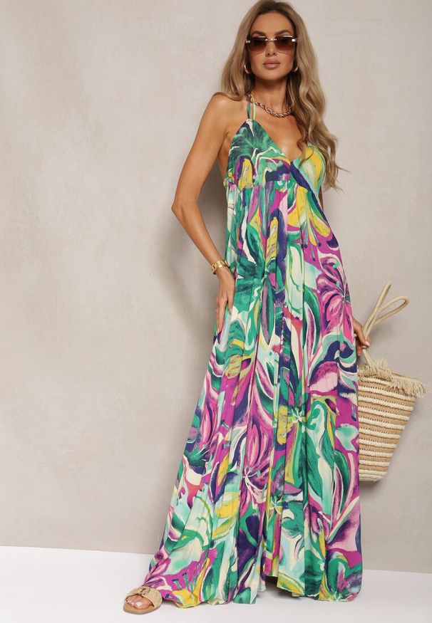 Renee - Zielono-Fioletowa Wiskozowa Sukienka Wiązana na Plecach i Szyi z Odcięciem pod Biustem Peridia. Okazja: na co dzień, na imprezę. Typ kołnierza: dekolt w kształcie V. Kolor: zielony. Materiał: wiskoza. Sezon: wiosna, lato. Typ sukienki: dopasowane. Styl: casual, boho, elegancki