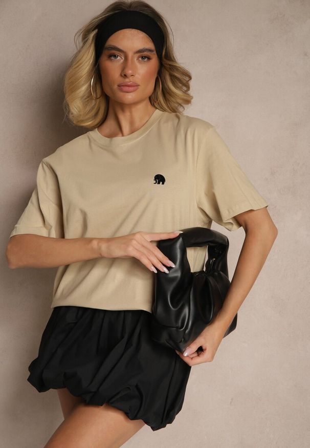Renee - Ciemnobeżowa Bawełniana Koszulka T-shirt z Małym Słonikiem Laniriel. Okazja: na co dzień. Kolor: beżowy. Materiał: bawełna. Styl: klasyczny, elegancki, casual